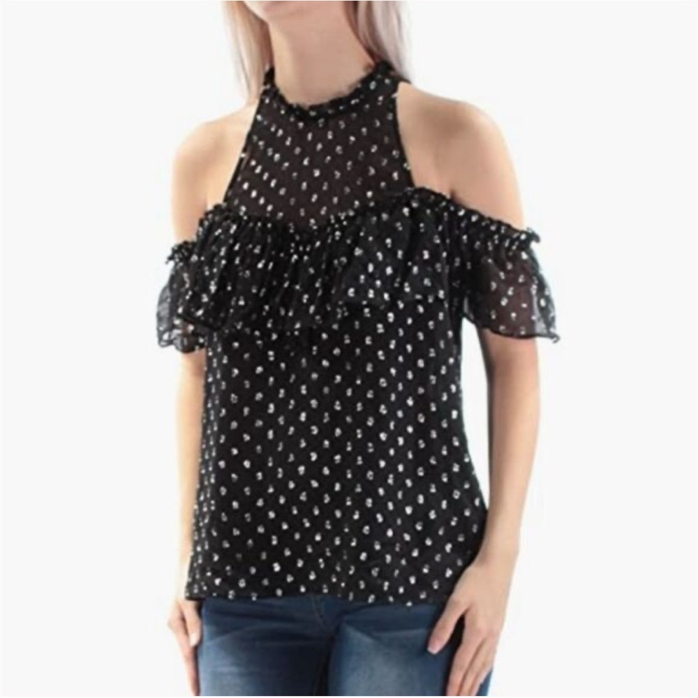 Rebecca Taylor Silk Open Shoulder Clip Ruffle Metallic Dot Top Black Size 6